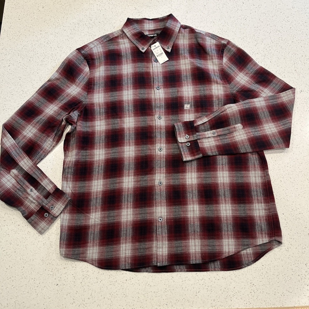 Express Men's L Red Plaid Button Down Shirt Long Sleeve Casual NWT